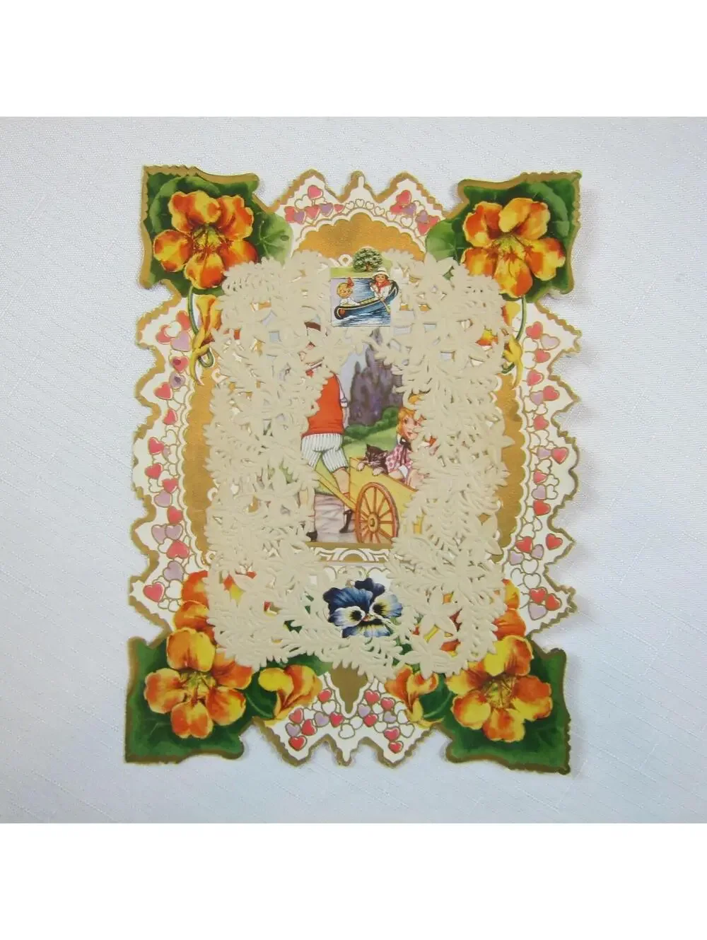 Vintage Valentine 1920s Die Cut Paper Lace XL Boy Wheelbarrow Girl & Cat Fishing